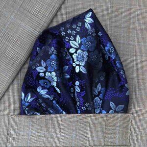 Gascoigne Pocket Square Silk Floral Blue Gray Purple Black